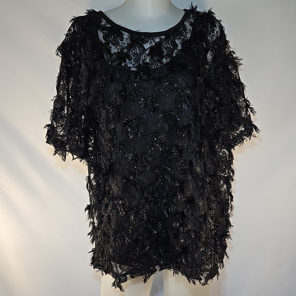 Colleen Lopez Black Embellished Eye Lash Feathered Blouse. Size Medium
